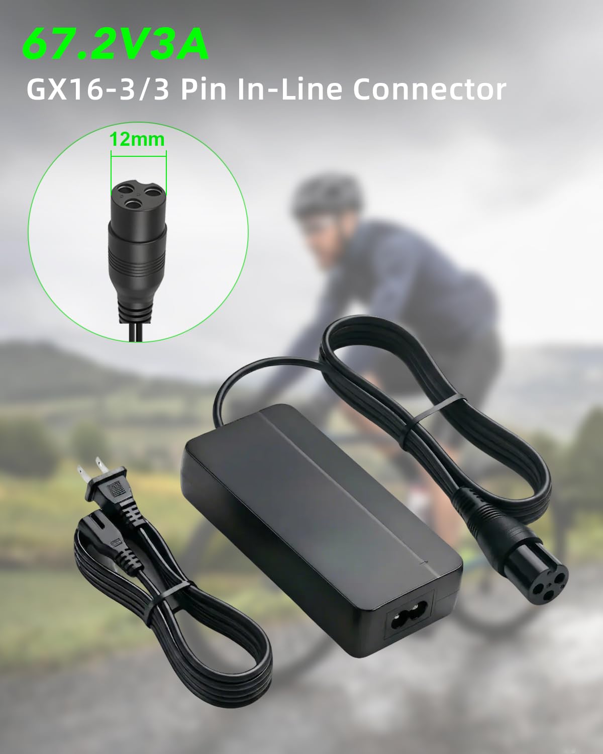 67.2V 3A Scooter Charger for 60V Li-ion Battery – 3-Pin Charger Compatible with YUME X11 Y11 M10, Kaabo Mantis 10/10 Pro V2, VSETT 10+ 10+R & Apollo Phantom