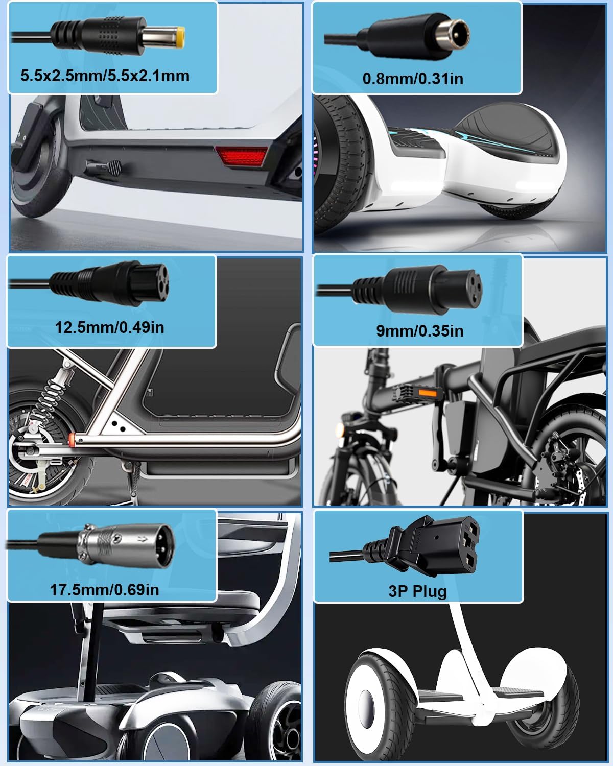 29.4V 2A Electric Scooter & Hoverboard Charger | Universal 7-in-1 Replacement Charger for 24V 25.2V 25.6V 7S Lithium Battery