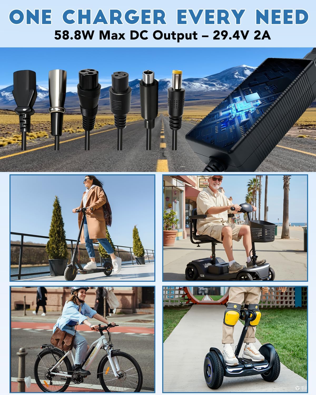 29.4V 2A Electric Scooter & Hoverboard Charger | Universal 7-in-1 Replacement Charger for 24V 25.2V 25.6V 7S Lithium Battery