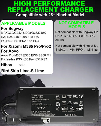 42V 2A Segway Ninebot Charger for 36V Li-ion Battery – Compatible with ES1, ES2, ES4, E22, E25, E45, G30LP, Xiaomi M365 & Aovo Pro